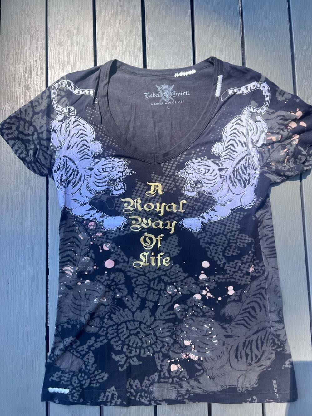 Rebel Spirit Y2K Tiger Graphic T Shirt Womens L Tattoo Goth Royal Way Life]